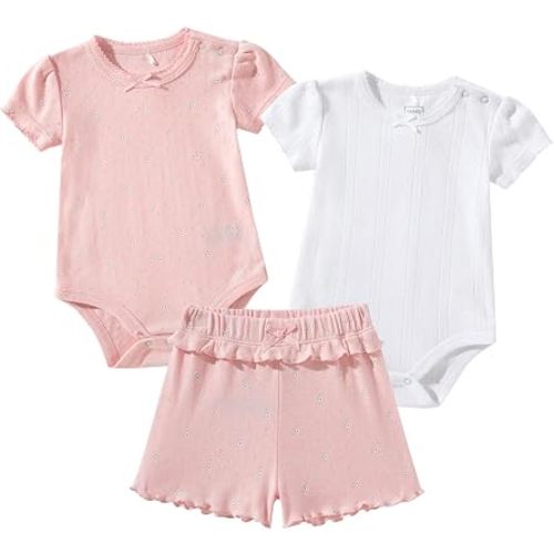 TRND O&X Baby Girl 3-Piece Cotton Outfit Set, 2 Bodysuits & 1 Short, Soft Breathable Pointelle Knit Infant Clothes