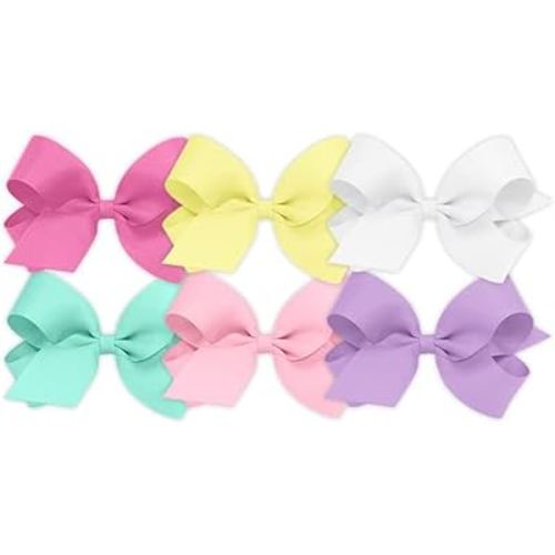 Wee Ones Girls' 6 Piece Set of Bows, Solid Grosgrain Variety Pack on a WeeStay No-Slip Hair Clip, Large, Pink,White,Yellow