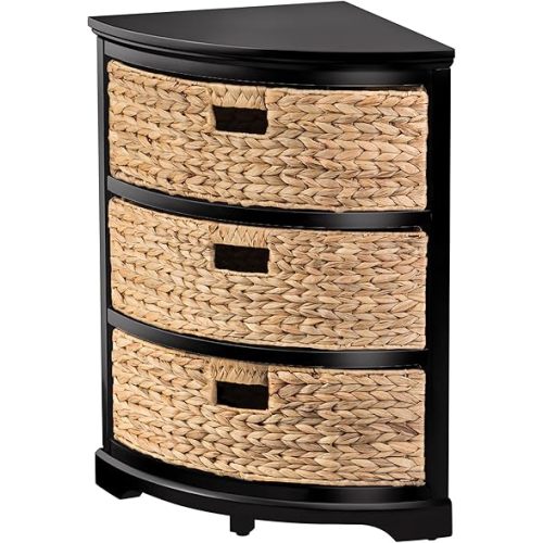 eHemco Hampton Meadows 3 Tier X-Side Corner Table Storage Cabinet with 3 Wicker Baskets, Black