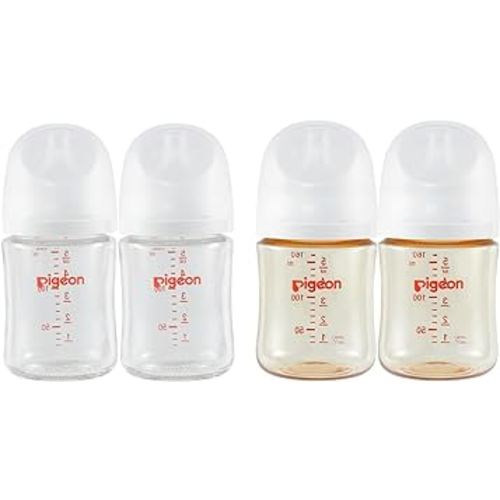 Pigeon Nursing Baby Bottle Wide Neck(Pack of 4, 2 Glass Bottles & 2 PPSU Bottles), Streamlined Body, Natural Feel, Easy to Clean, Heat-Resistant, 5.4Oz