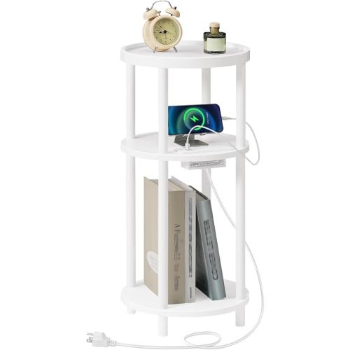 HOOBRO Small Round Side Table with Charging Station, 3-Tier Round Bamboo End Table, Compact Sofa Bedside Table for Small Space, Easy Assembly, for Living Room, Bedroom, Apartment, White WT152UBZ01