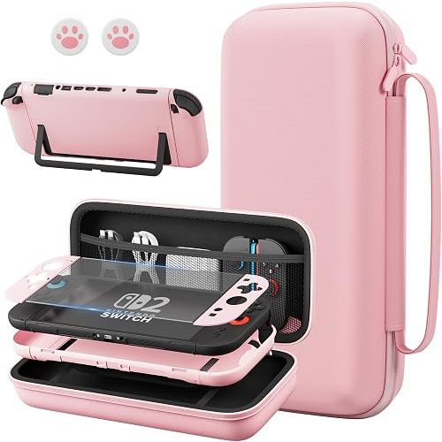 FANPL Pink Case Bundle for Nintendo Switch 2 (2025) Accessories, Portable Hard Carrying Cover with Protective Skin , Screen Protector, 2 Thumb Grips