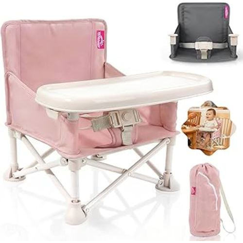 Portable Baby Chair, Baby Booster Seat with 2-Pack Seat Covers & Travel Bag for Camping & Baby Beach Chair | Toddler Folding Chair with Tray, Tip-Free Design, Straps to Kitchen Chairs