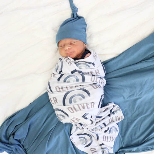 Brooks' Blue Rainbows Personalized Swaddle Blanket