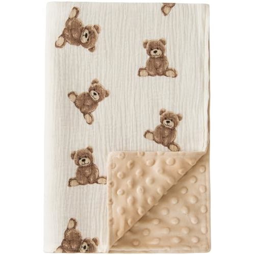 Little Jump Baby Blankets Minky Blankets for Unisex Boys Girls, Soft Fluffy Crib Blankets with Muslin Cotton Front and Dotted Fleece Backing, Teddy Bear Receiving Blanket for Newborn Infants