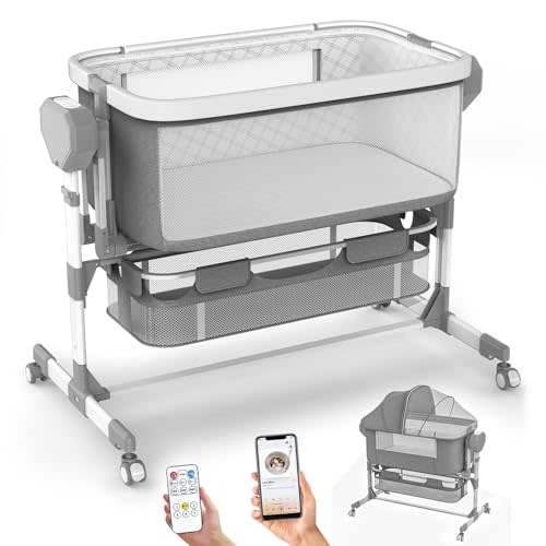 Pionevox Rocking Bassinet for Baby, Electric Bassinet Automatic 5 Rocking Motion Bassinet Bedside Sleeper for Newborn, Auto Rolling Baby Cradle 6 Height Adjustable with 4 Lullabies, Wheels, Storage