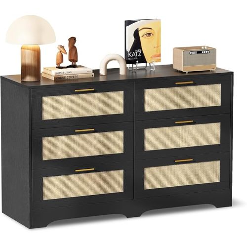 Redlife 6 Drawer Rattan DresserBlack, Chest of Drawer for Bedroom, Wood Storage Boho Dresser with Golden Handles, Beside Table for Closet, Living Room, Hallway and Entryway, Black and Natural
