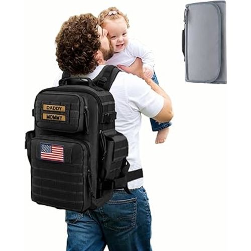 SHARKMOUTH Diaper Bag Military for Men - Large Baby Backpack with Changing Pad for Active Dad - Insulated for Outdoor Travel Camping Park Trips Black