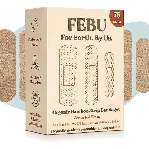 FEBU Eco-Friendly Organic Bamboo Fabric Bandages for Sensitive Skin | Flexible Latex Free Bandages | Natural Hypoallergenic Bandages for Scrapes, Cuts & First Aid | 75 Count Variety Pack - Strip Bandages - 75 Piece Assortment