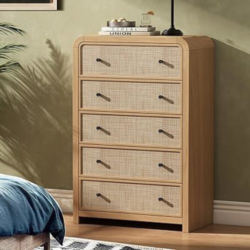 Oak&Sparrow 5 Drawer Tall Dresser for Bedroom, 47'' Rattan Dresser with Ample Storage, Boho Chest of Drawers, Thickened Curved Profile Design, Oak Dressers for Bedroom, Living Room