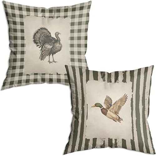 Vintage Checkered Turkey Striped Mallard Duck Throw Pillow Covers 18x18 Set of 2, Housewarming Gifts，Rustic Cottagecore Animal Farm Field Pillow Covers Decor for Home Bedroom Living Room