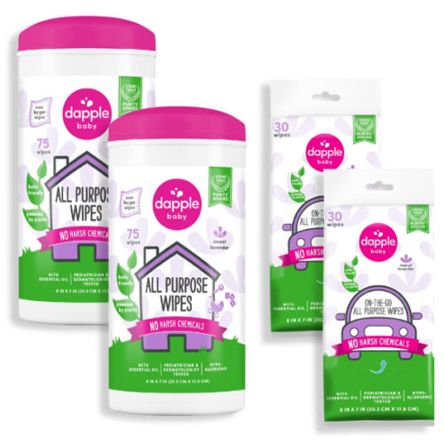 Dapple Baby All Purpose Wipes, Plant Powered, Hint of Lavender, Hypoallergenic, 75 Count Canister (Pack of 2) + 30 Count (Pack of 2)