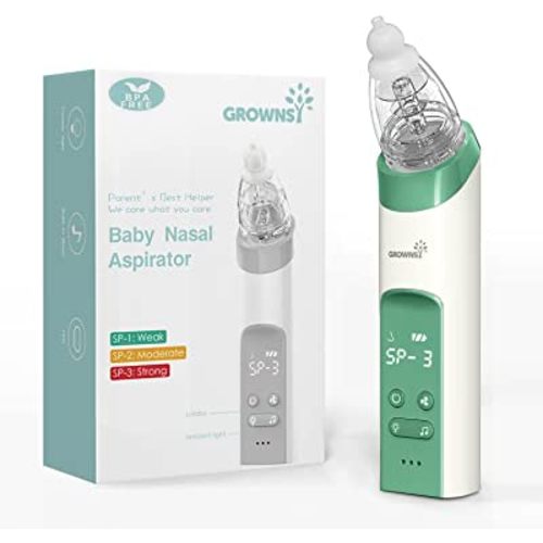 GROWNSY Nasal Aspirator for Baby, Electric Nose Aspirator for Toddler, Baby Nose Sucker, Automatic Nose Cleaner with 3 Silicone Tips, Adjustable Suction Level, Music and Light Soothing Function-Beige