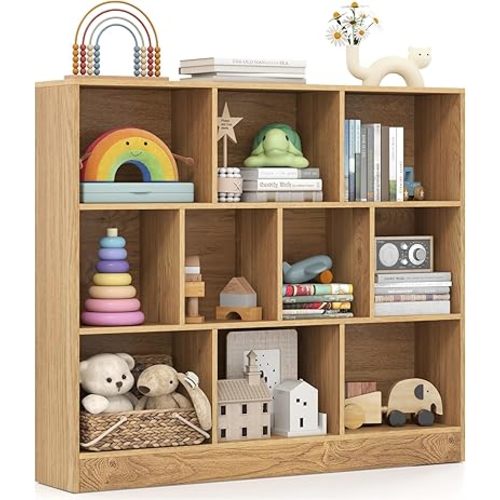 IFANNY Toy Storage Organizer, Kids Bookshelf with 10 Cubes, Playroom Toy Shelf Organization and Storage, Wood Children’s Bookcase, Book Shelf for Kids Rooms, Living Room, Nursery (Natural, 120cm)