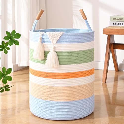 60L Striped Laundry Basket, Rainbow Laundry Hamper with Leather Handles, Woven Cotton Rope Storage Bin for Blankets, Nursery Hamper for Clothes, Toys In Bathroom, Livingroom, Bedroom