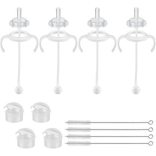 Straw Cup Conversion Kit for Pigeon Bottles，Glass Baby Bottle Transition Kit with Weighted Straw, Soft Straw Nipples & Easy-Grip Handle, 8m+, 4-Pack