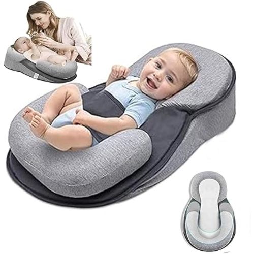 Baby Feeding Support Pillow, Anti Overflow Feeding Pillow, Nursing Pillow with Safety Strap, Baby Lounger Reflux Wedge Breastfeeding (Grey)