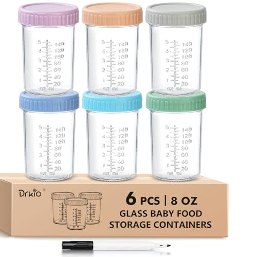 DRKIO 6 Pack Glass Baby Food Storage Containers - 8 Oz Baby Food Jars with Lids Baby Food Maker Microwave Dishwasher Freezer Safe 100% Leak Proof BPA Free Reusable