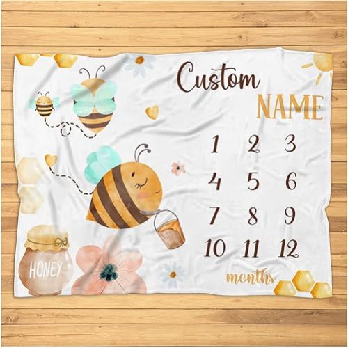 Personalized Bee Baby Monthly Blanket, Custom Bee Baby Nursery Monthly Blanket, Bee Receiving Bedding Blanket, Newborn, Baby Bee Super Soft Plush Fleece Blanket