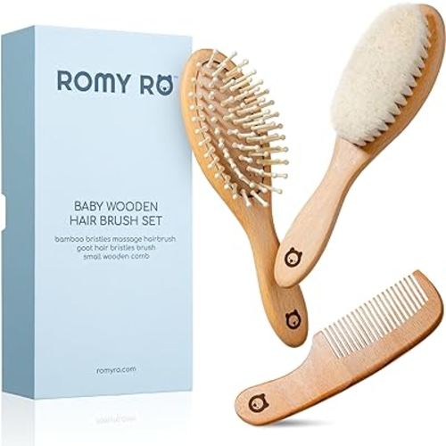 ROMY RO Wooden Hair Brush Set - Premium Baby Comb and Brush - Soft Natural Bristles - Organic Products - Perfect Registry Gift - Cradle Cap Brush for Newborns & Toddlers