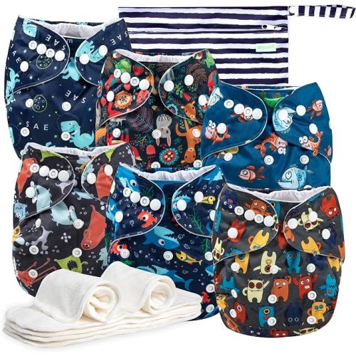 wegreeco Cloth Diapers 6 Pack with 6 Inserts & 1 Wet Bag, Washable Cloth Diapers for Babies, One Size Adjustable Reusable (Monster Style)