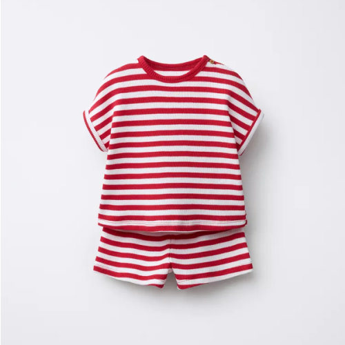 STRIPED WAFFLE KNIT SHIRT AND BERMUDA SET - Red | ZARA United States
