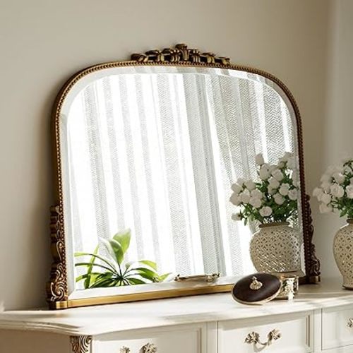 Wall Beaded Mirror, 36 x 27 Inch Round Top Right Angle Wall Mirror, Tempered Glass, Rust Resistant, Horizontally or Vertically Hanging, Gold