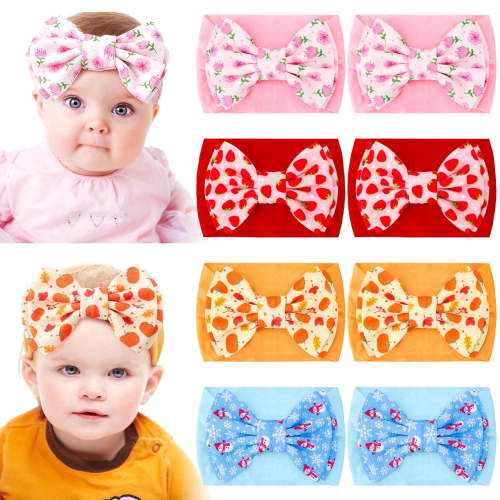 Bocaoying 8 Pack Baby Girls Headbands with Bows, Soft Elastic Head Wrap for Newborn Infant Toddler, 4 Patterns Snowman/Cherry Blossom/Strawberry/Pumpkin, Ideal for Photoshoot & Baby Shower Gift