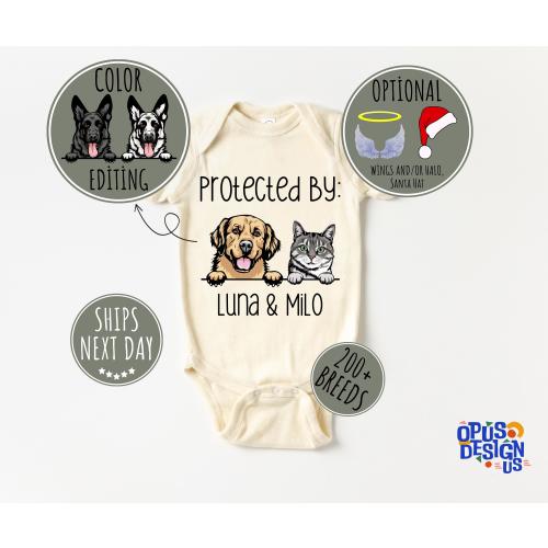 Protected by Pets Onesie®, Custom Dogs and Cats Onesie®, Personalized Baby Gift, Custom Dog and Cat Breeds, Baby Shower Gift, Baby Gift 01