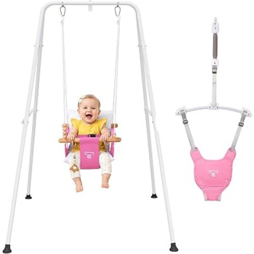 2 in 1 Baby Jumper with Toddler Swing, Baby Jumpers and Bouncers,Indoor Outdoor Toddler Swing Set, Cotton (Pink)