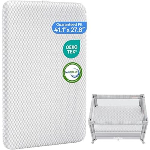 1.5in Mattress Fit Pack and Play & Baby Bassinet, Gel Memory Foam with Waterproof & Breathable Ice Silk Cover, 41.1"x27.8" (Grey)