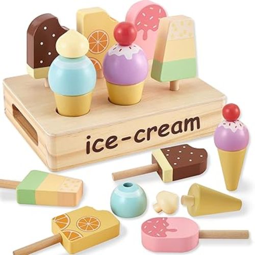 HERSITY Wooden Ice Cream Stand for Kids, Ice Cream Popsicle Toy Pretend Play Food Kitchen Accessories Playset Lolly Shop Games for Toddlers Girls Boys 3 4 5 Years Old