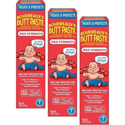 Boudreaux's Butt Paste Maximum Strength Diaper Rash Cream, Ointment | For Baby | 4 oz Tube | Pack of 3