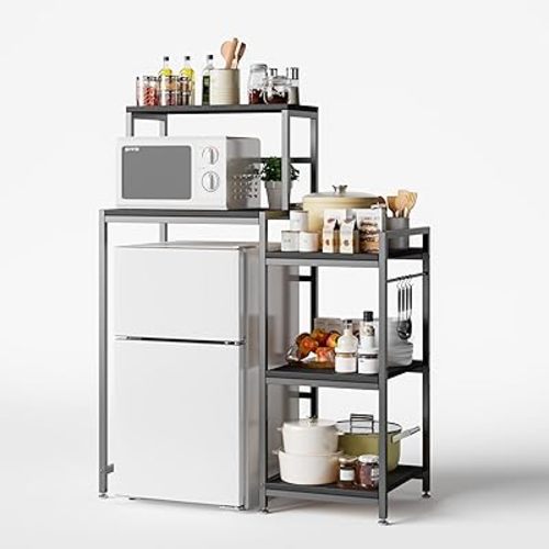 6-Tier Mini Fridge Stand with Storage,Mini Fridge Shelf,Mini Coffee Bar with Mini Fridge Space,Baker Racks,Microwave Stand,Mini Fridge Cabinet with Storage for Dorm Kitchen(Black Wood Grain)