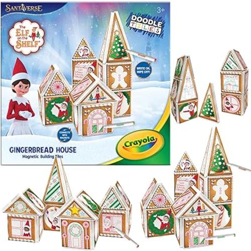 CreateOn Crayola Elf on The Shelf Gingerbread House - Magnetic Building Tiles Kit with Crayola Markers, Christmas Holiday Craft Toy, 33-Piece Magnetic Construction & Coloring Set for Kids Ages 3+