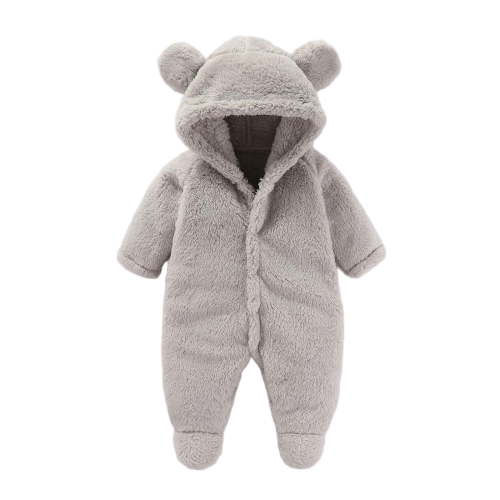 Lenpel Newborn Baby Fuzzy Fleece Jumpsuits Plush Warm Long Sleeve Button down Ear Hooded Footie Rompers Infant Winter Outwear(Gray,3-6 Months)