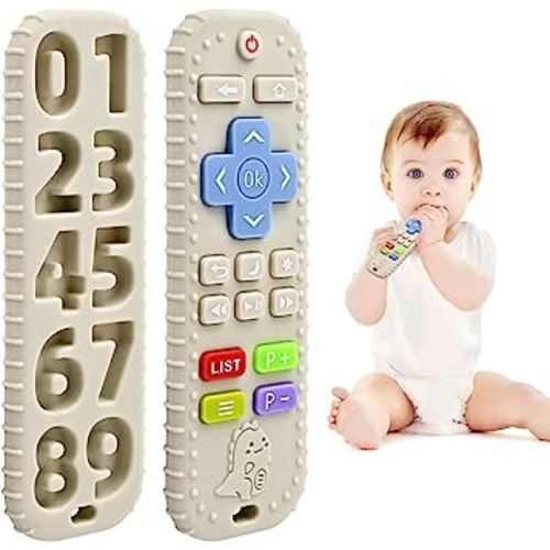 Teething Relief Teethers Toys for Babies 3-6 12 Months Gifts, Silicone Remote Control Baby Teether Toys for 3 6 9 Months Newborn Infant Boy Girl Autism, Food Grade Silicone Sensory Toys, Beige