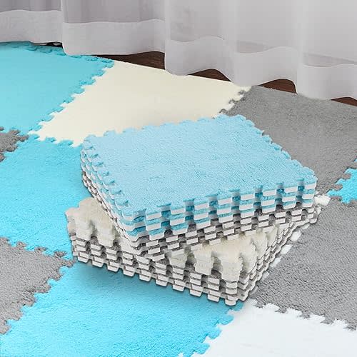 Amylove 36 Pcs Plush Foam Floor Mat Square Interlocking Carpet Tiles with Border Fluffy Play Mat Floor Tiles Soft Climbing Area Rugs for Home Playroom, 12 x 12 x 0.4 in (White,Light Gray,Royal Blue)