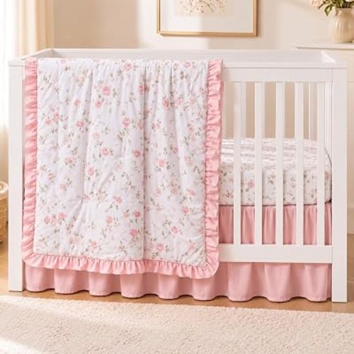 Hahafelt 3 Pcs Pink Floral Crib Bedding Set for Baby Girls, Ruffle Design