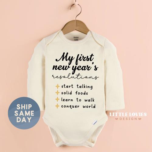 My First New Years Resolutions Onesies® Brand: Funny Baby Bodysuit, New Year Outfit (CA-NYE13)