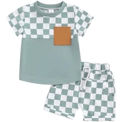 Toddler Baby Boy Girl Summer Outfits Checkered Plaid Cotton Short Sleeve T-Shirt Top Shorts Set 2PCS Outfit