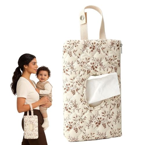 Quilted Baby Wipe Holder with Snap Handle, Diaper and Wipes Pouch, Portable Reusable Soft Cotton Floral Wet Wipes Case for Stroller, Car, Travel (Beige)