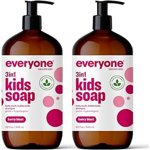 Everyone 3-in-1 Kids Soap, Body Wash, Bubble Bath, Shampoo, 32 Ounce (Pack of 2), Berry Blast, Coconut Cleanser with Plant Extracts and Pure Essential Oils