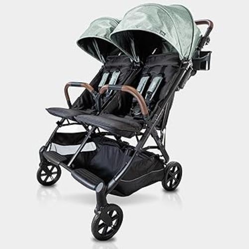 Strolee Lightweight Double Side by Side Stroller - 22 Lbs, 9.5" Compact Fold, Twin Nap Ready Seating, No Rethread Harness, Magnetic Buckle & Ultra Plush Seat 60Lb Max Per Seat- (v2 Sage)