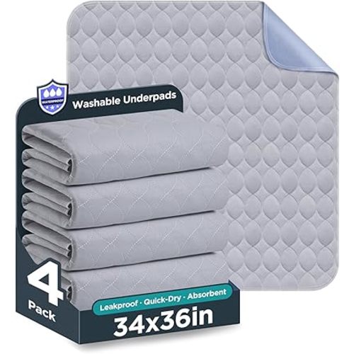 Washable Bed Pads 34" x 36" - 4 Pack, Grey, Waterproof Bed Pads for Incontinence, Bed Wetting Pads for Bed, Sofa, Floor, Resuable Underpads for Adults, Seniors, Pet