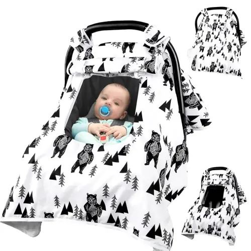 Baby Carseat Cover Boys, Newborn Car seat Canopy, Minky Cozy & Warm Cover, Winter Carrier Cover with Peep Windows, Soft & Breathable, Bear Stuff