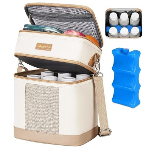 Mancro Breastmilk Cooler Bag with Ice Pack, Double Layer Insulated Baby Bottles Bag Fits 6 Bottles Up to 9 Ounces, Portable Breast Pump Cooler Travel Bag for Daycare and Nursing Moms, Beige