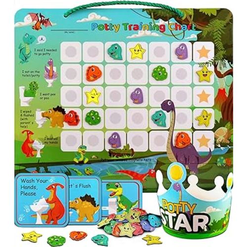 Potty Training Chart with 35 Stickers, 3 Reminder Stickers and Crown for Toddlers Boys and Girls - Potty Training Rewards for Kids - Dino