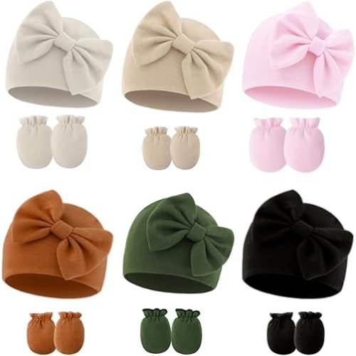 Baby Girl Hats with Bow and Mittens Set, Newborn Girl Hospital Hats with No-Scratch Mitts for Infant, Beanie Cap