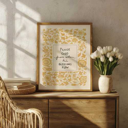Doxology Art Print, Praise God From Whom All Blessings Flow, Christian Art, Vintage Yellow and Off White, Hand Lettering